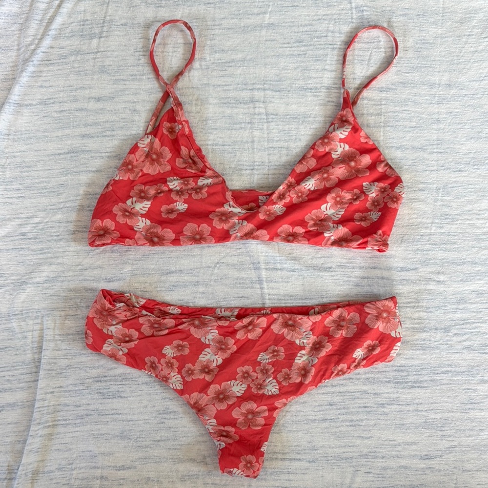 Vibrant Red Floral Bikini Set with Modern Silhouette
